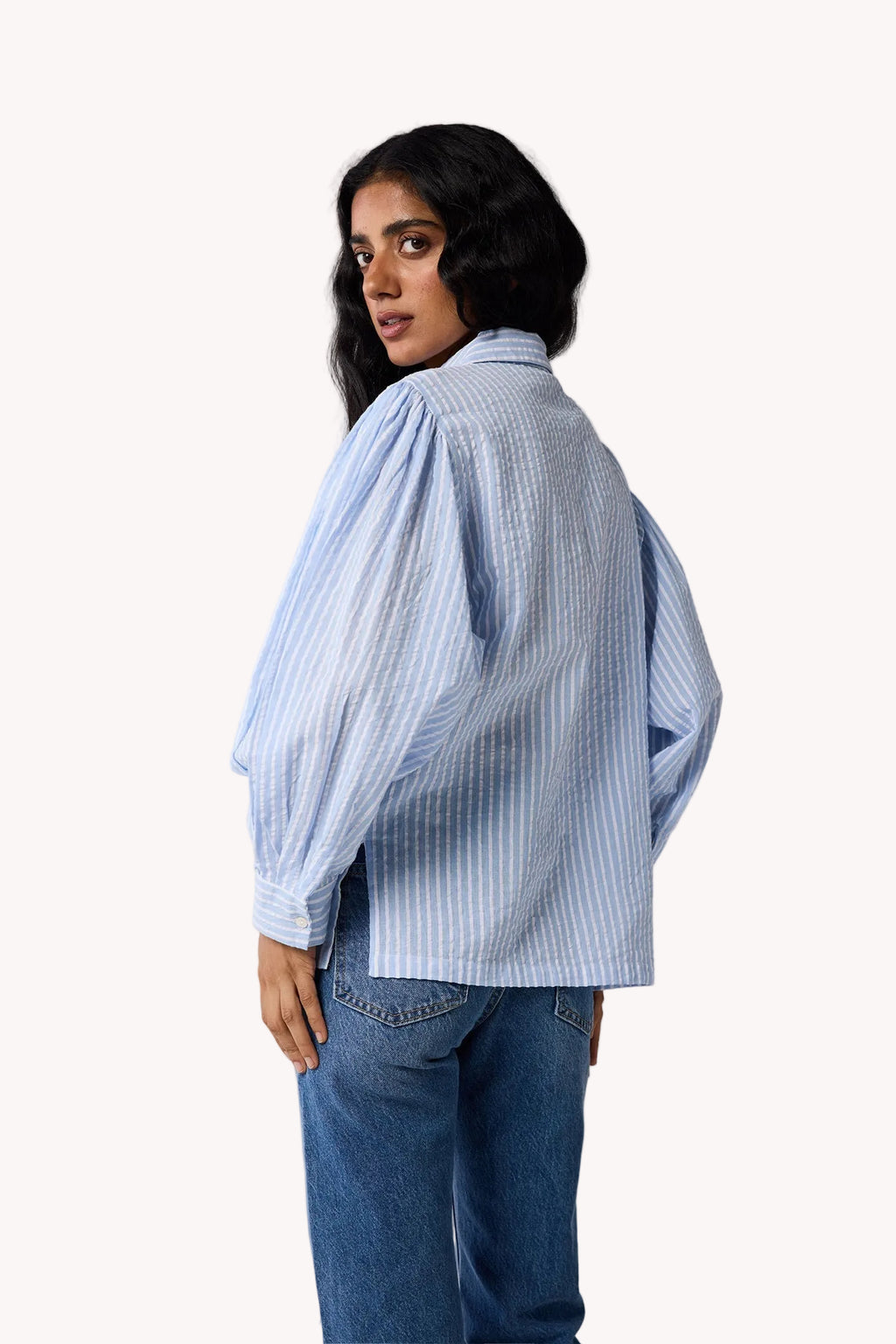 Striped Shirt with Long Balloon Sleeves in Blue