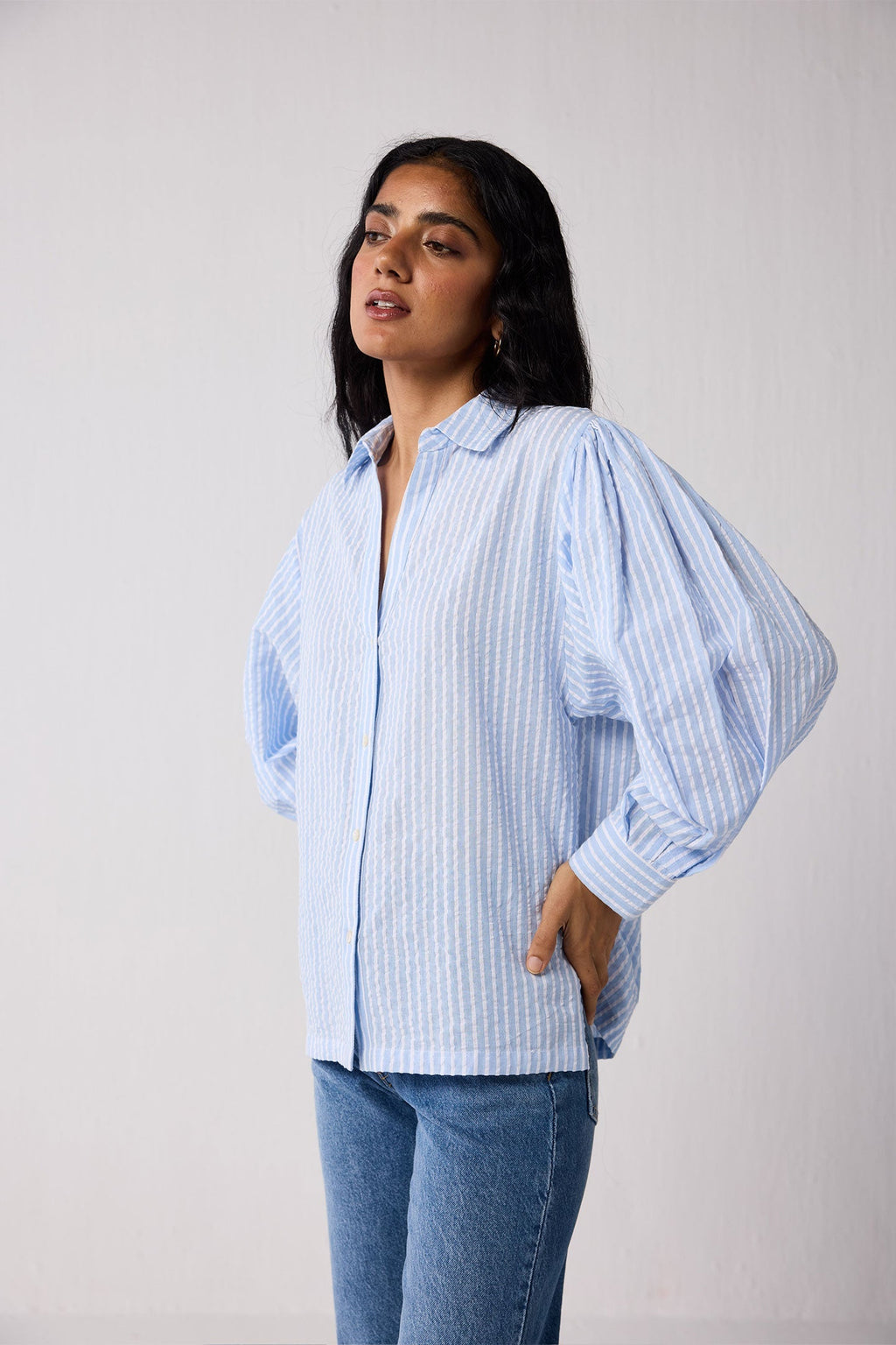 Striped Shirt with Long Balloon Sleeves in Blue
