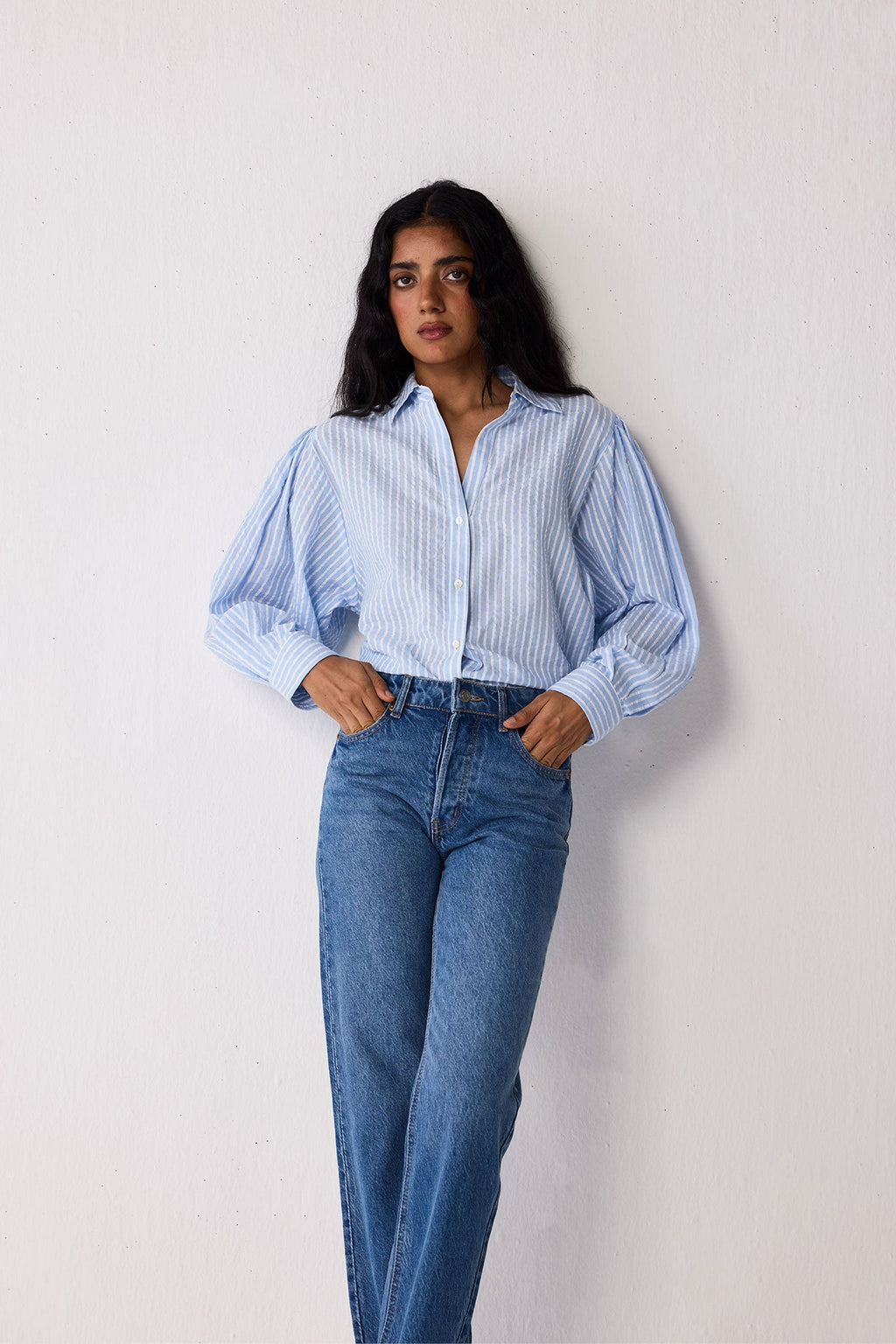 Striped Shirt with Long Balloon Sleeves in Blue