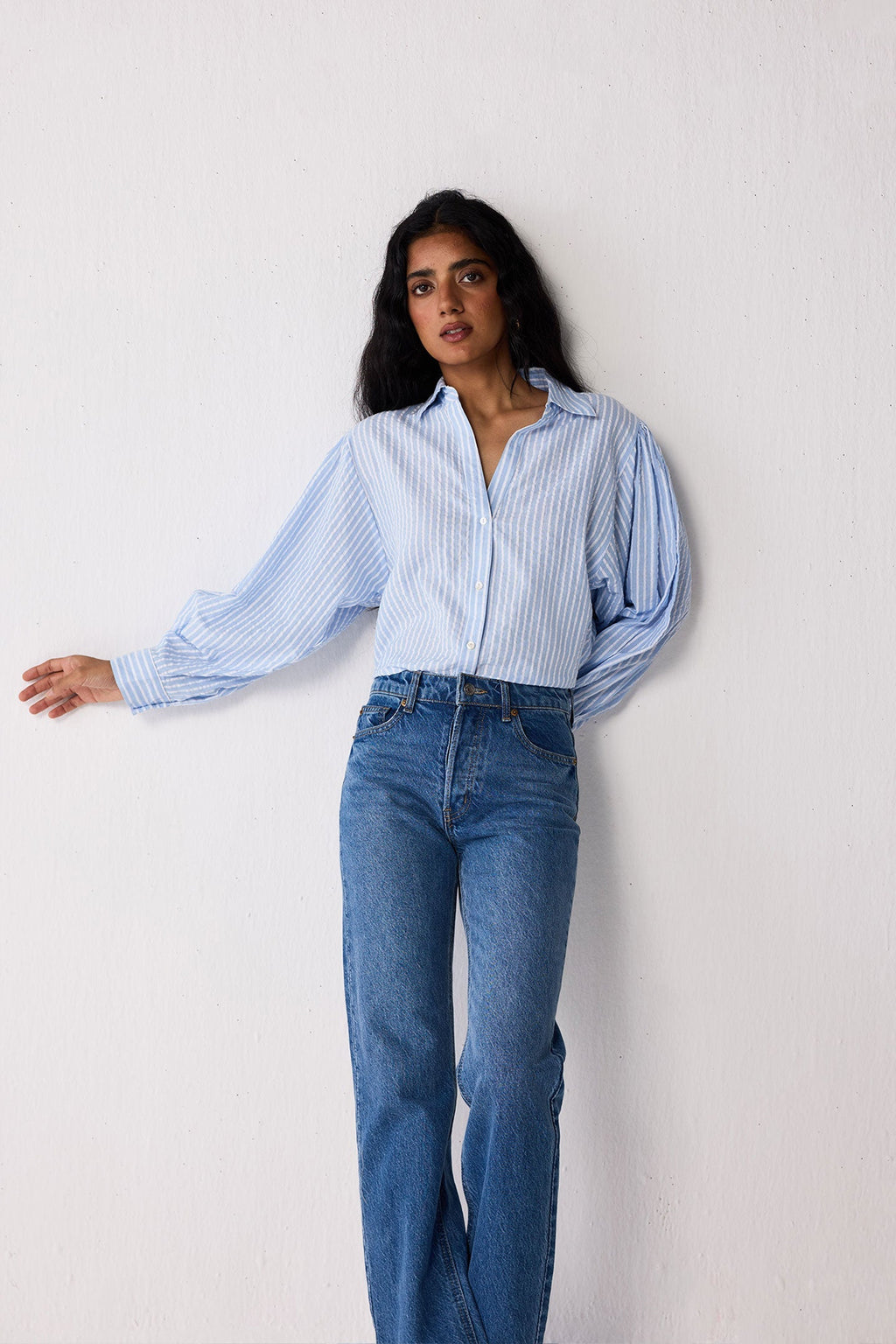 Striped Shirt with Long Balloon Sleeves in Blue