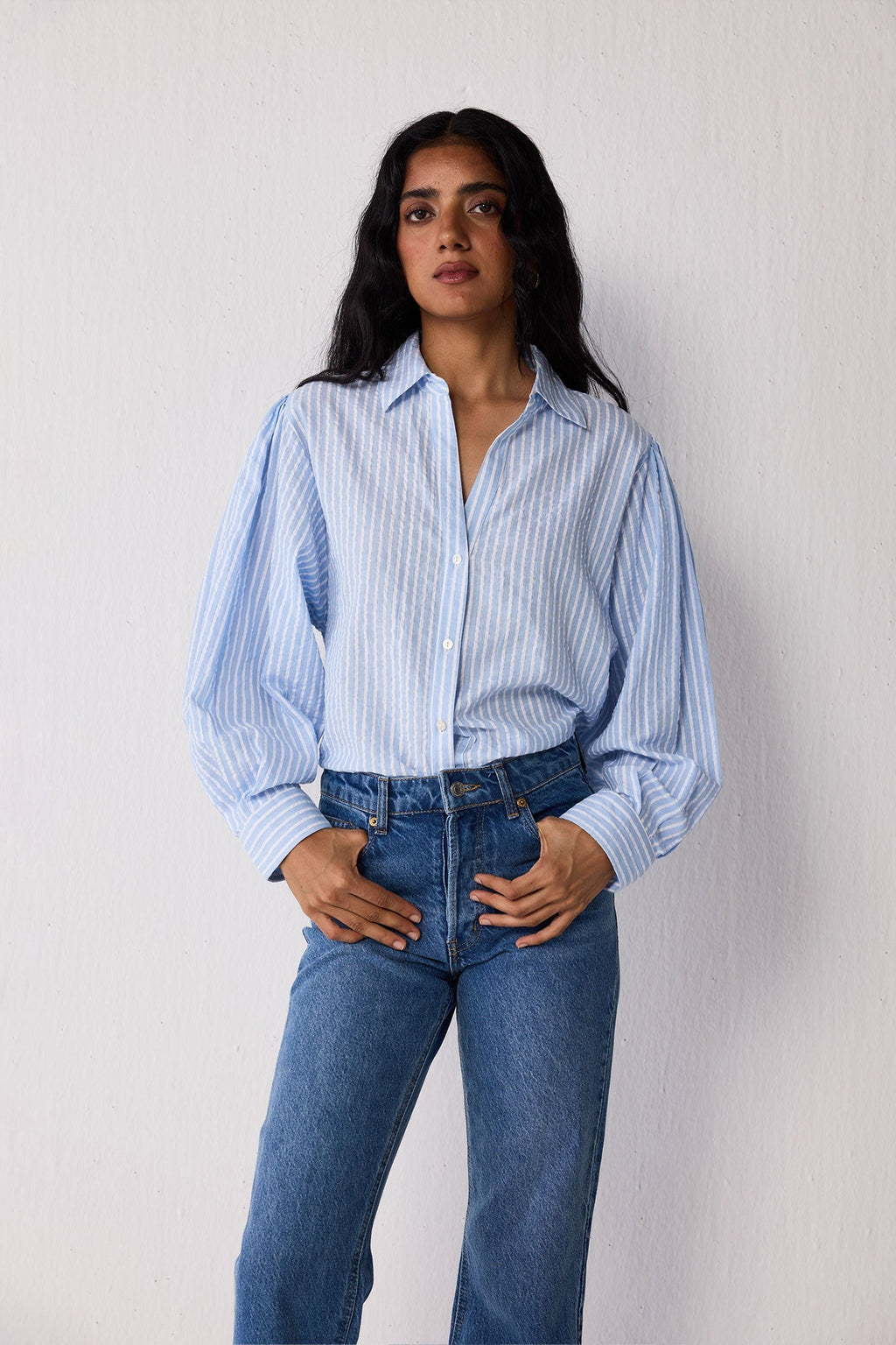Striped Shirt with Long Balloon Sleeves in Blue
