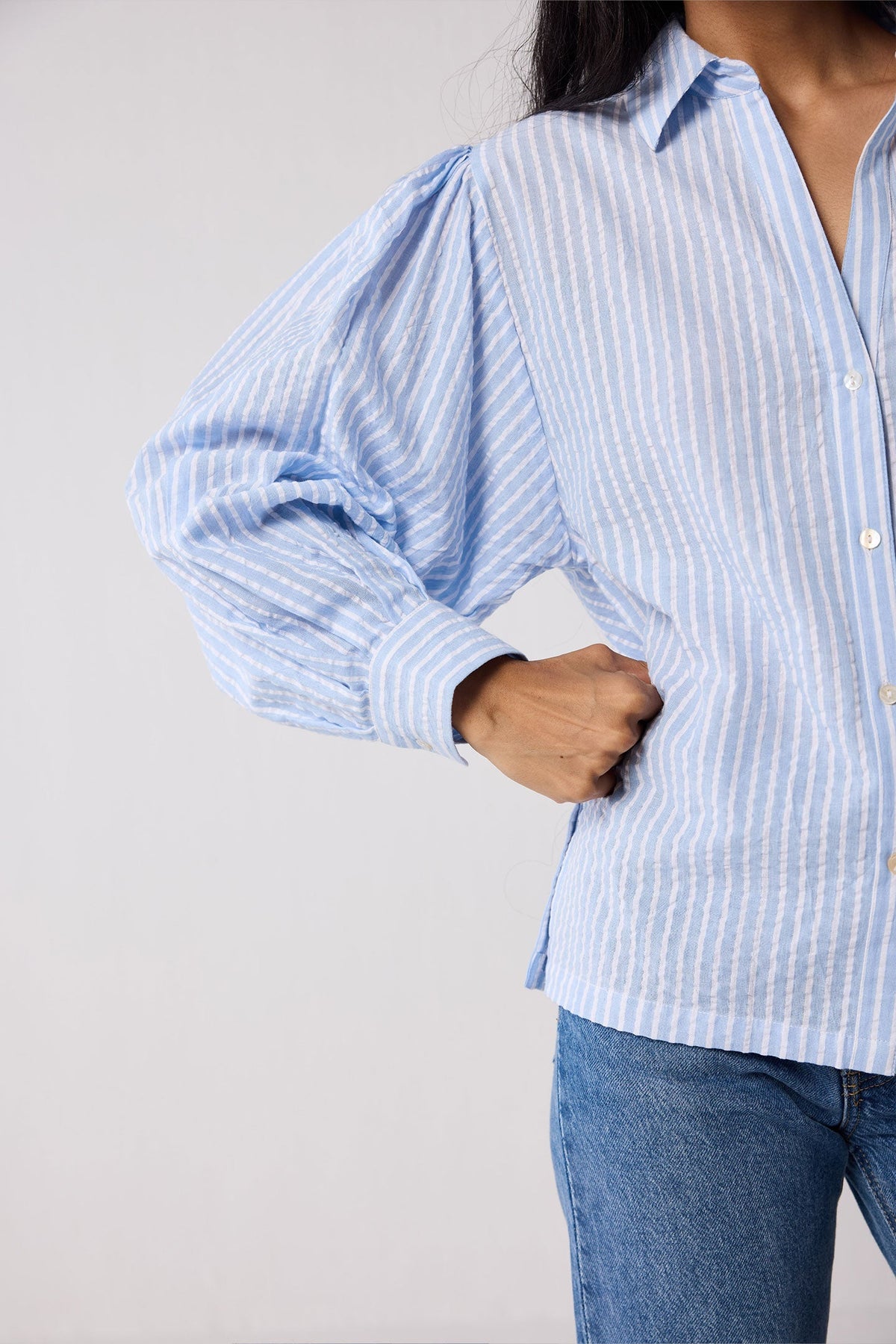 Striped Shirt with Long Balloon Sleeves in Blue