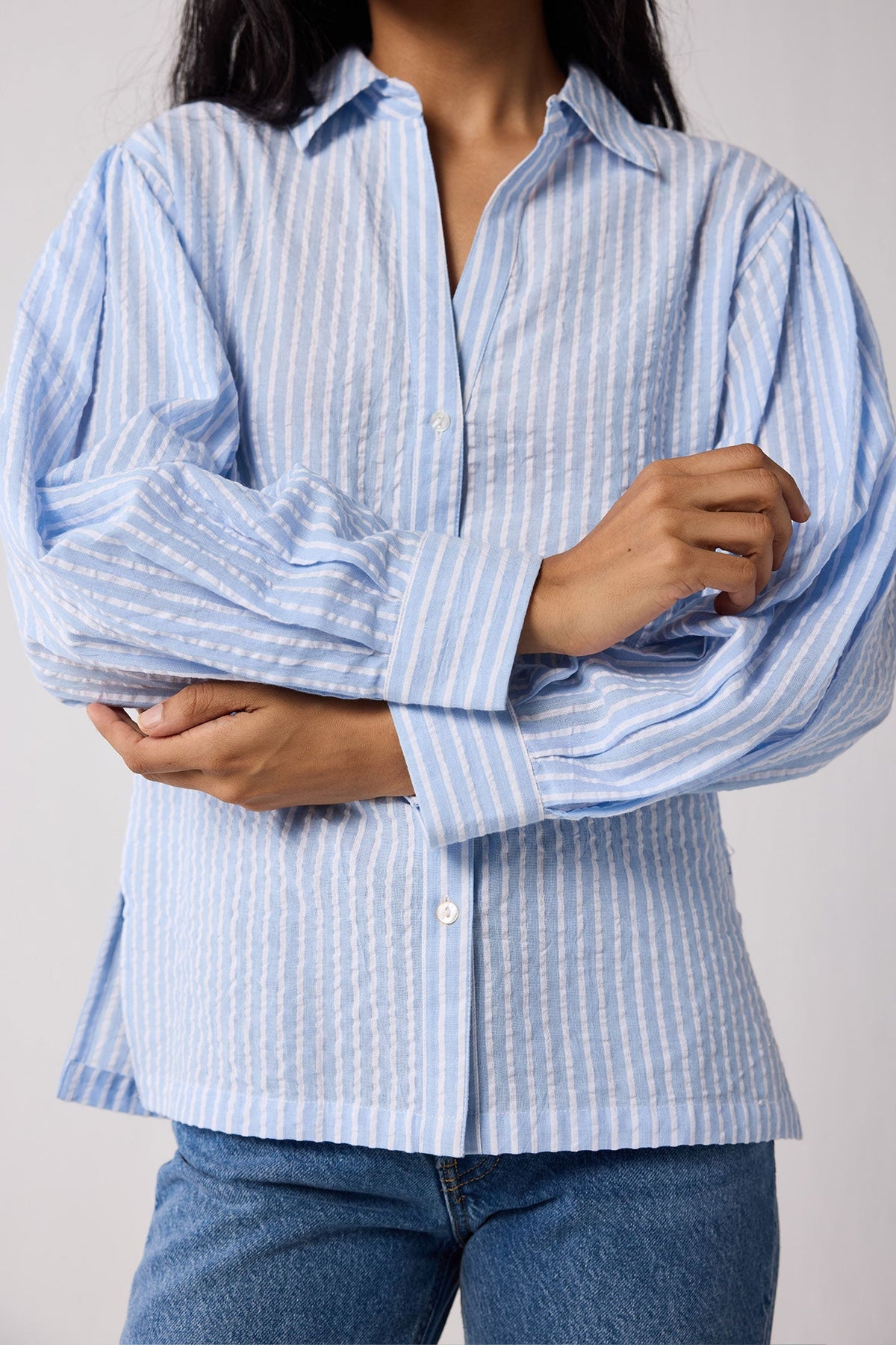 Striped Shirt with Long Balloon Sleeves in Blue