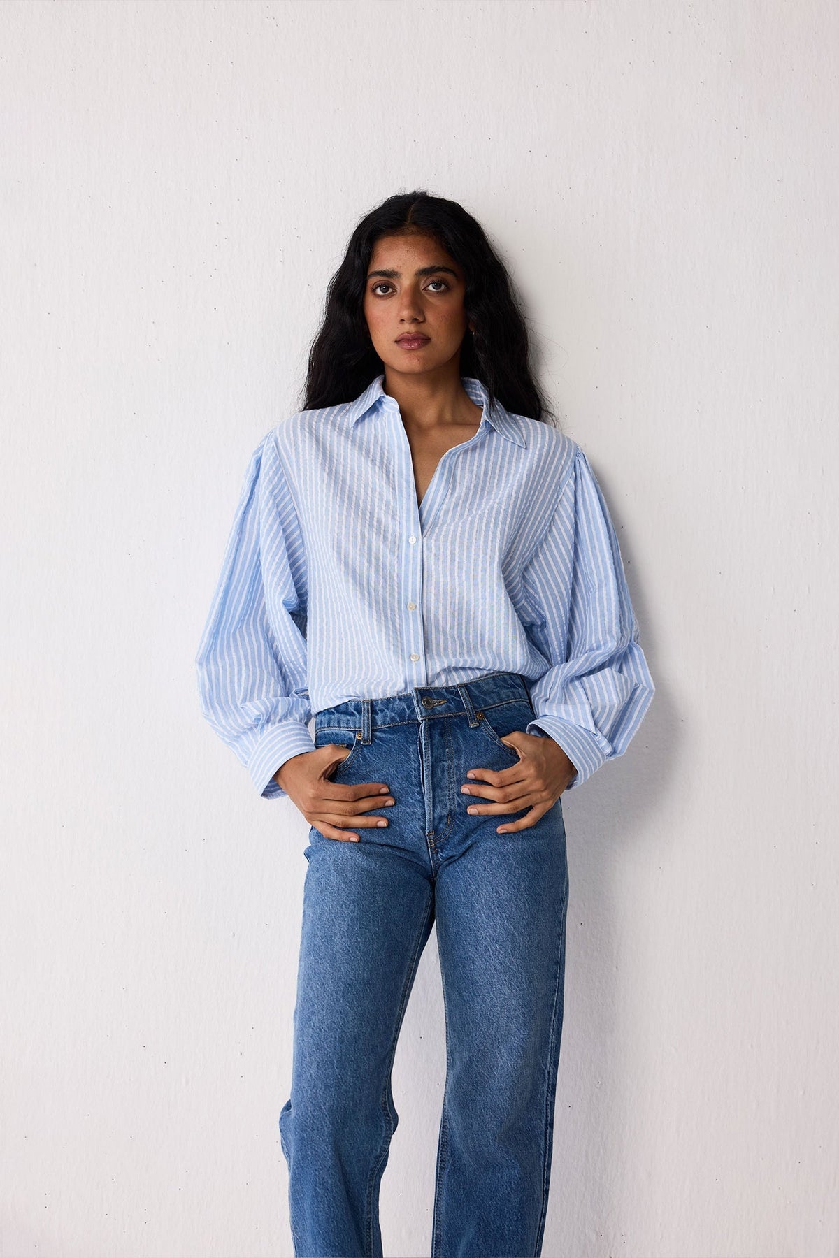 Striped Shirt with Long Balloon Sleeves in Blue