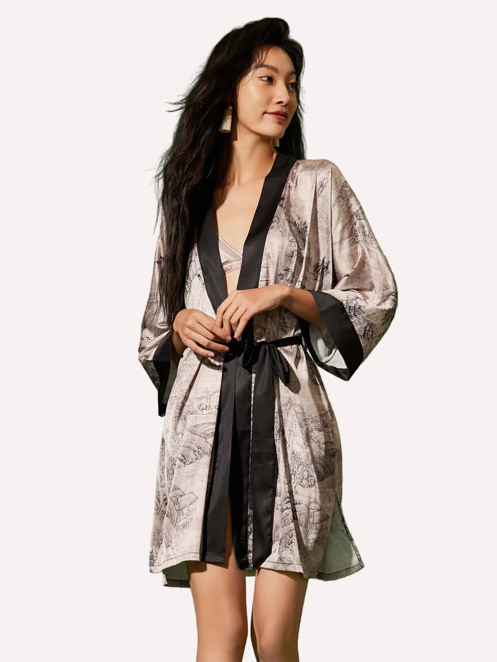 Short Kimono Robe Ink Painting