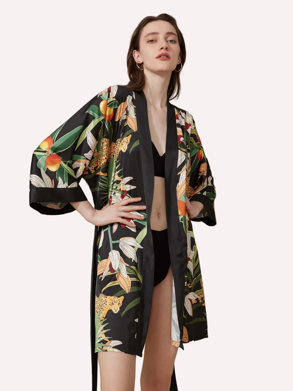 Short Kimono Robe Black Leopard