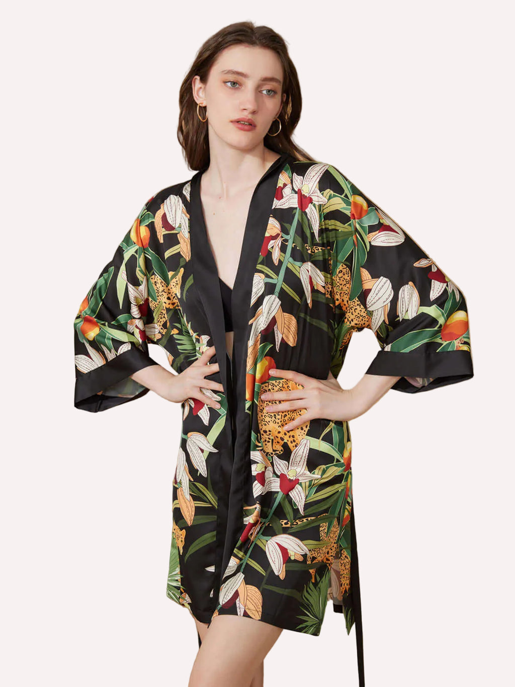 Short Kimono Robe Black Leopard