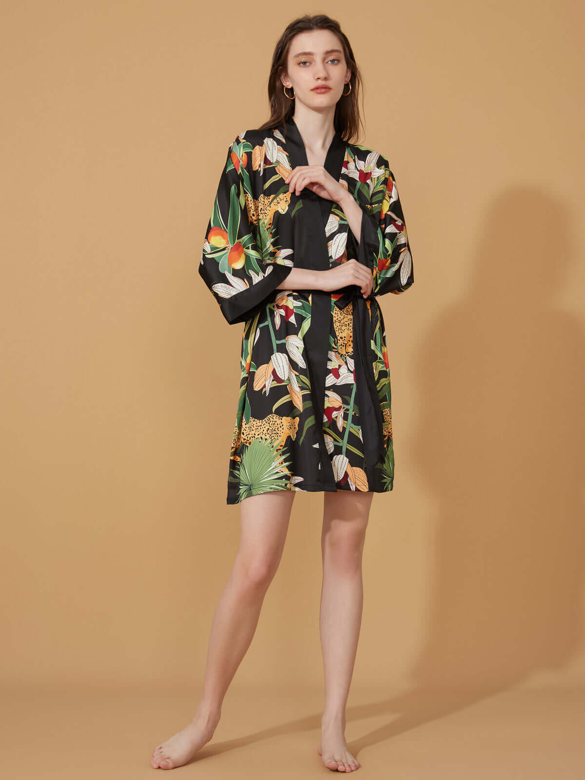 Short Kimono Robe Black Leopard