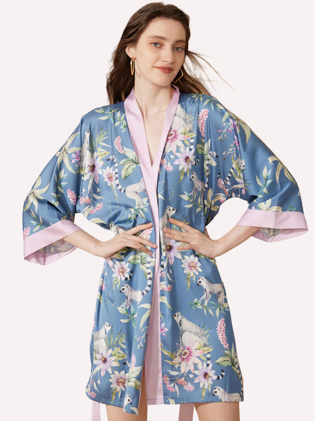 Short Kimono Robe Blue Forest