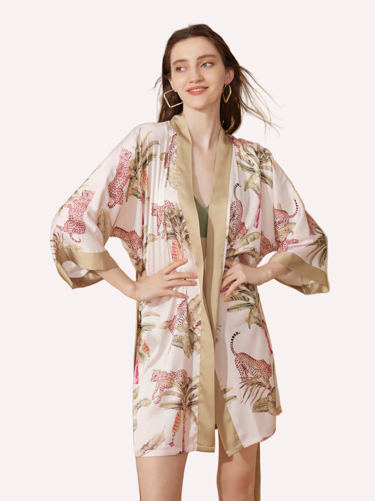 Short Kimono Robe Olive Leopard