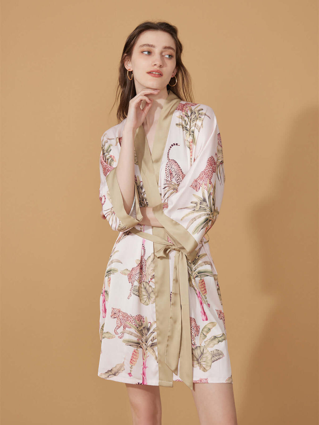 Short Kimono Robe Olive Leopard