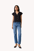 V-Neck Embroidered Top with Front Buttons in Black