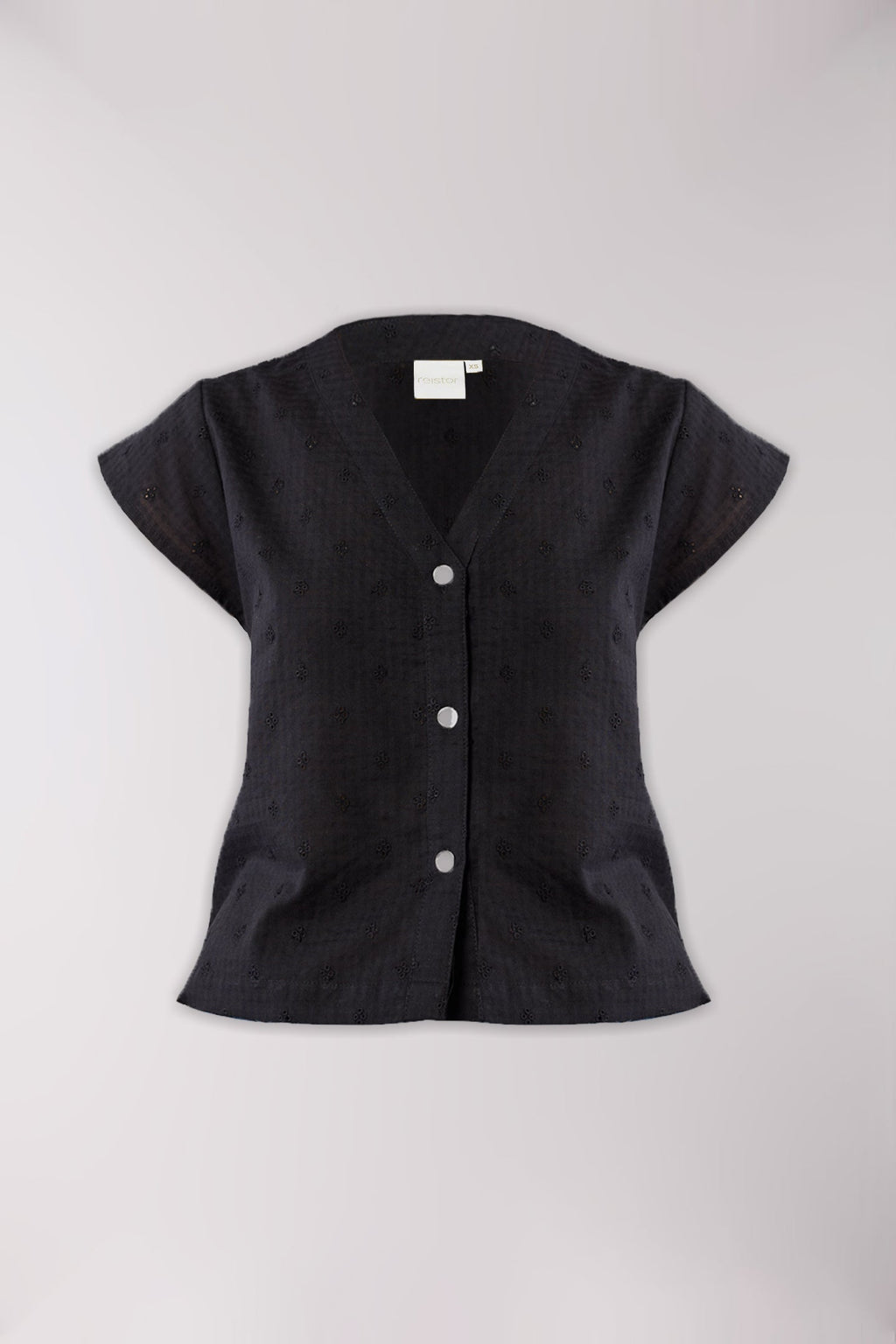 V-Neck Embroidered Top with Front Buttons in Black