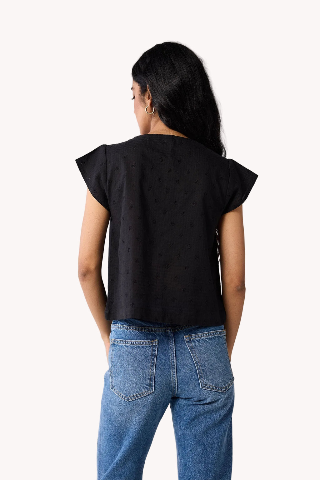 V-Neck Embroidered Top with Front Buttons in Black
