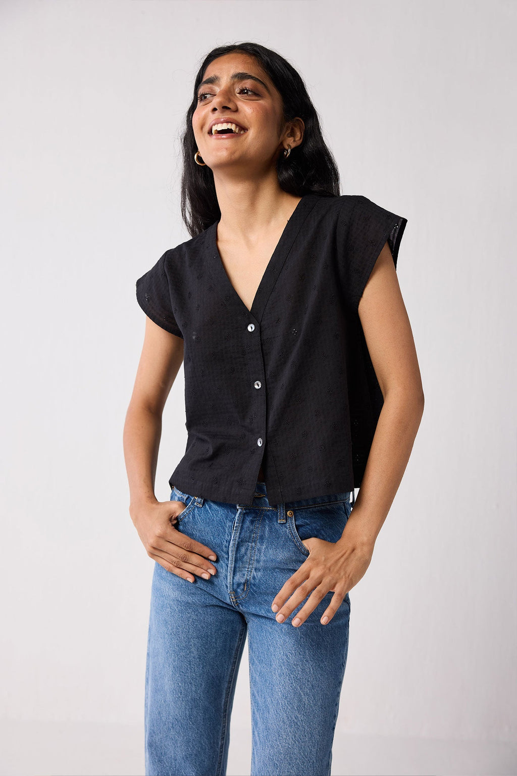 V-Neck Embroidered Top with Front Buttons in Black