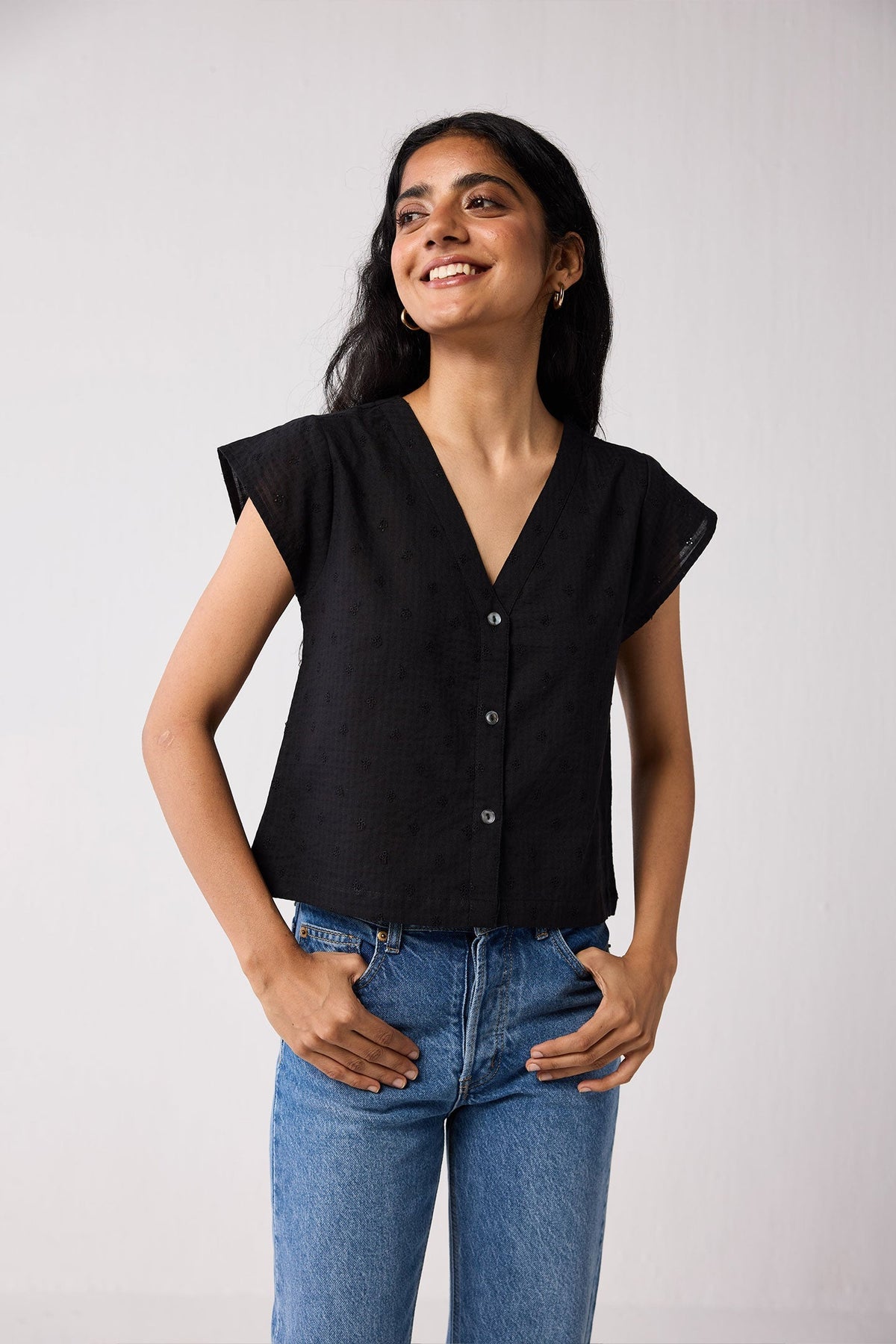 V-Neck Embroidered Top with Front Buttons in Black