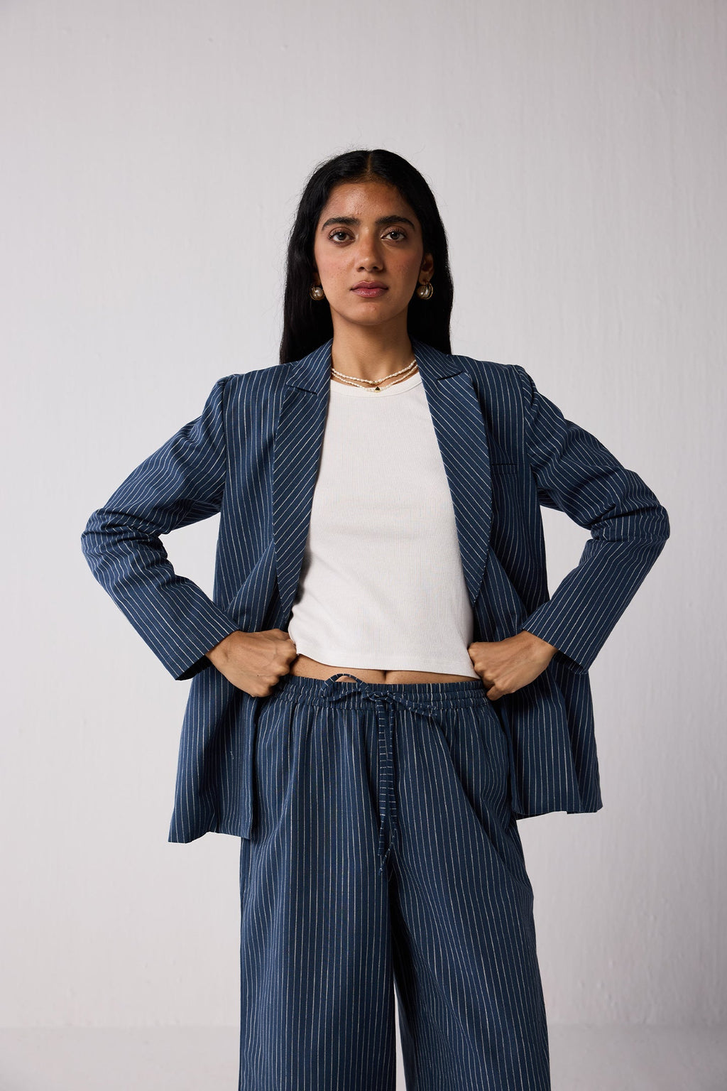 Weekday Blazer and Wide-leg Drawstring Pants Set in Blue Stripes
