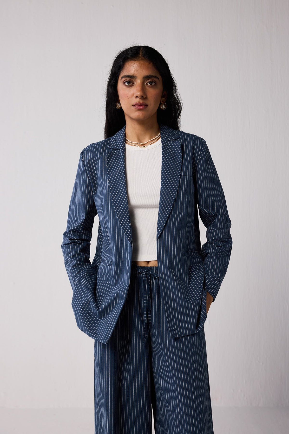 Weekday Blazer and Wide-leg Drawstring Pants Set in Blue Stripes