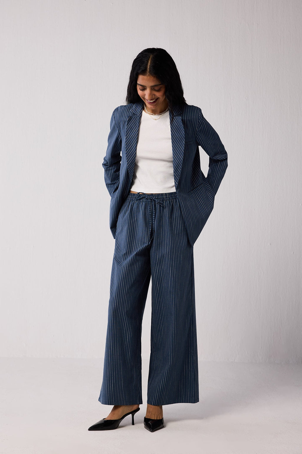 Weekday Blazer and Wide-leg Drawstring Pants Set in Blue Stripes