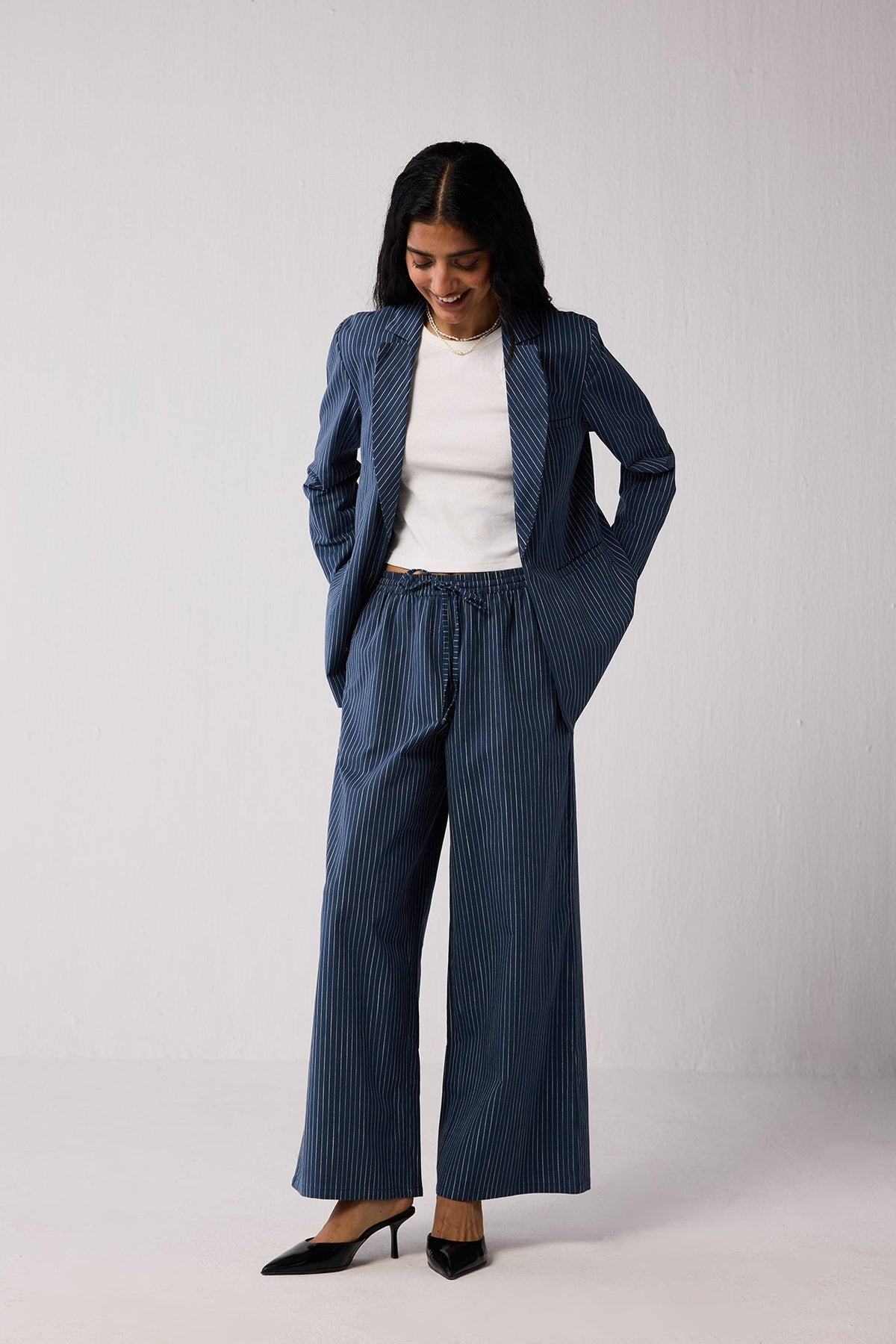 Weekday Blazer and Wide-leg Drawstring Pants Set in Blue Stripes