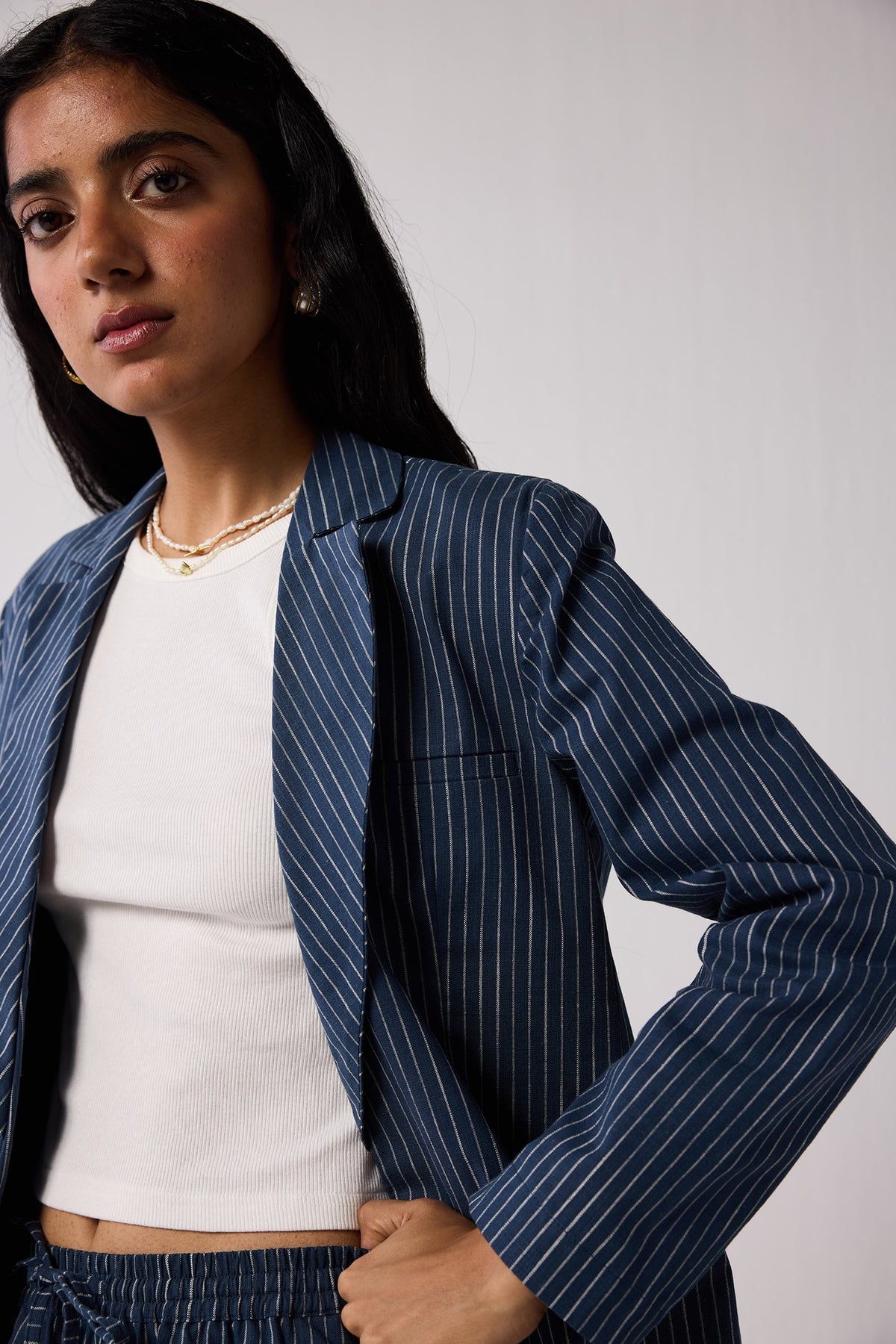 Weekday Blazer and Wide-leg Drawstring Pants Set in Blue Stripes