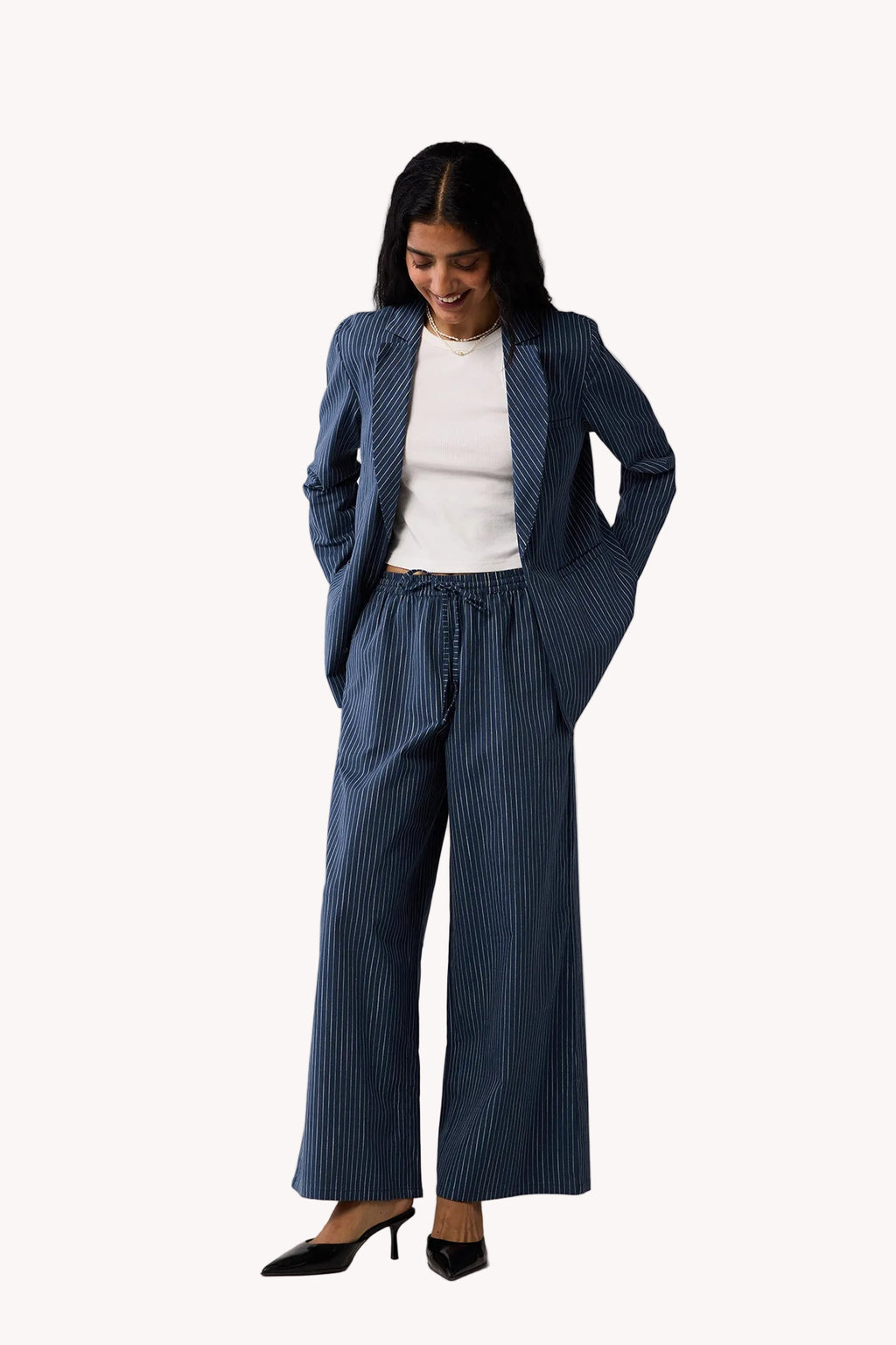 Wide-leg Drawstring Pants with Navy and White Stripes in Blue