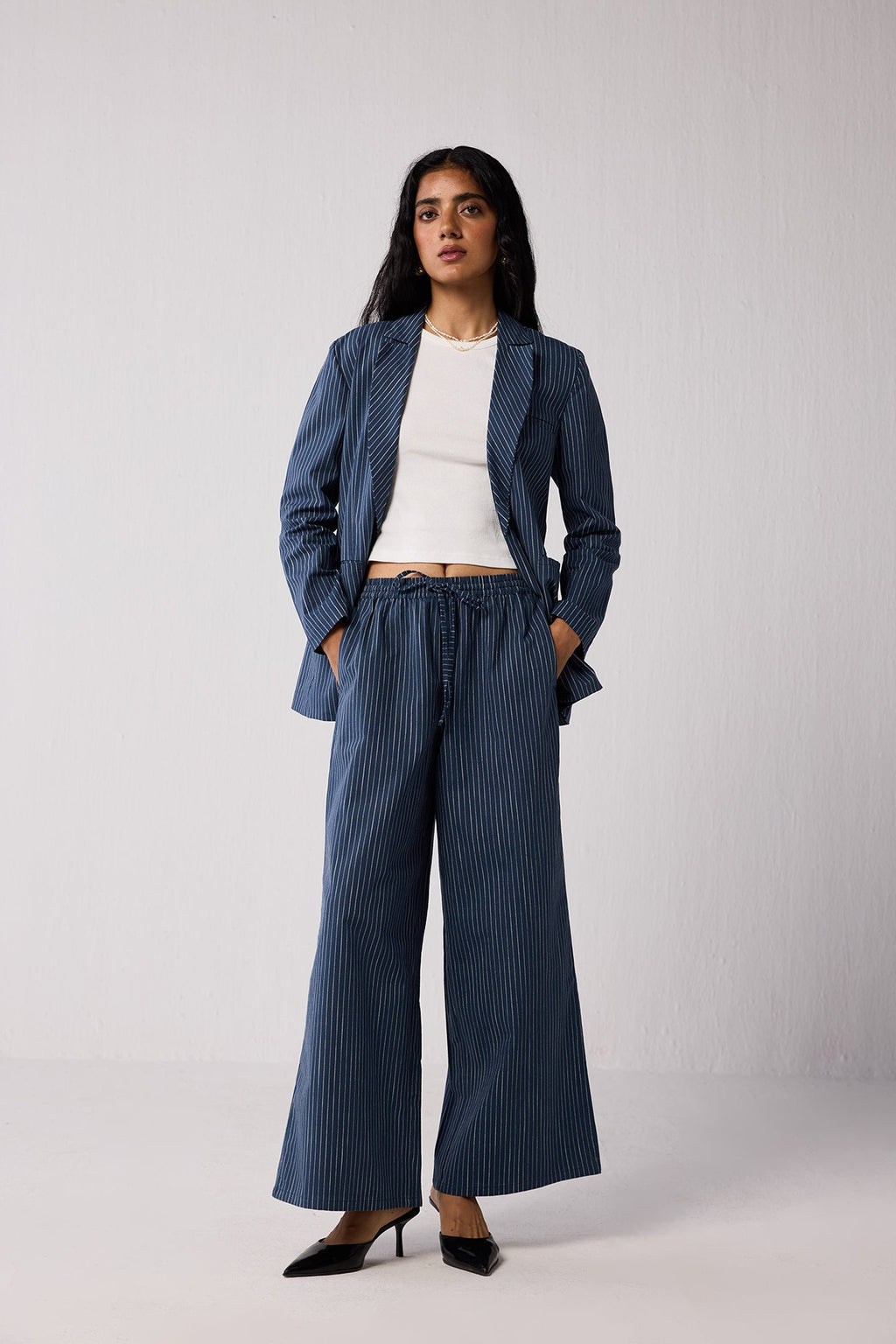 Wide-leg Drawstring Pants with Navy and White Stripes in Blue