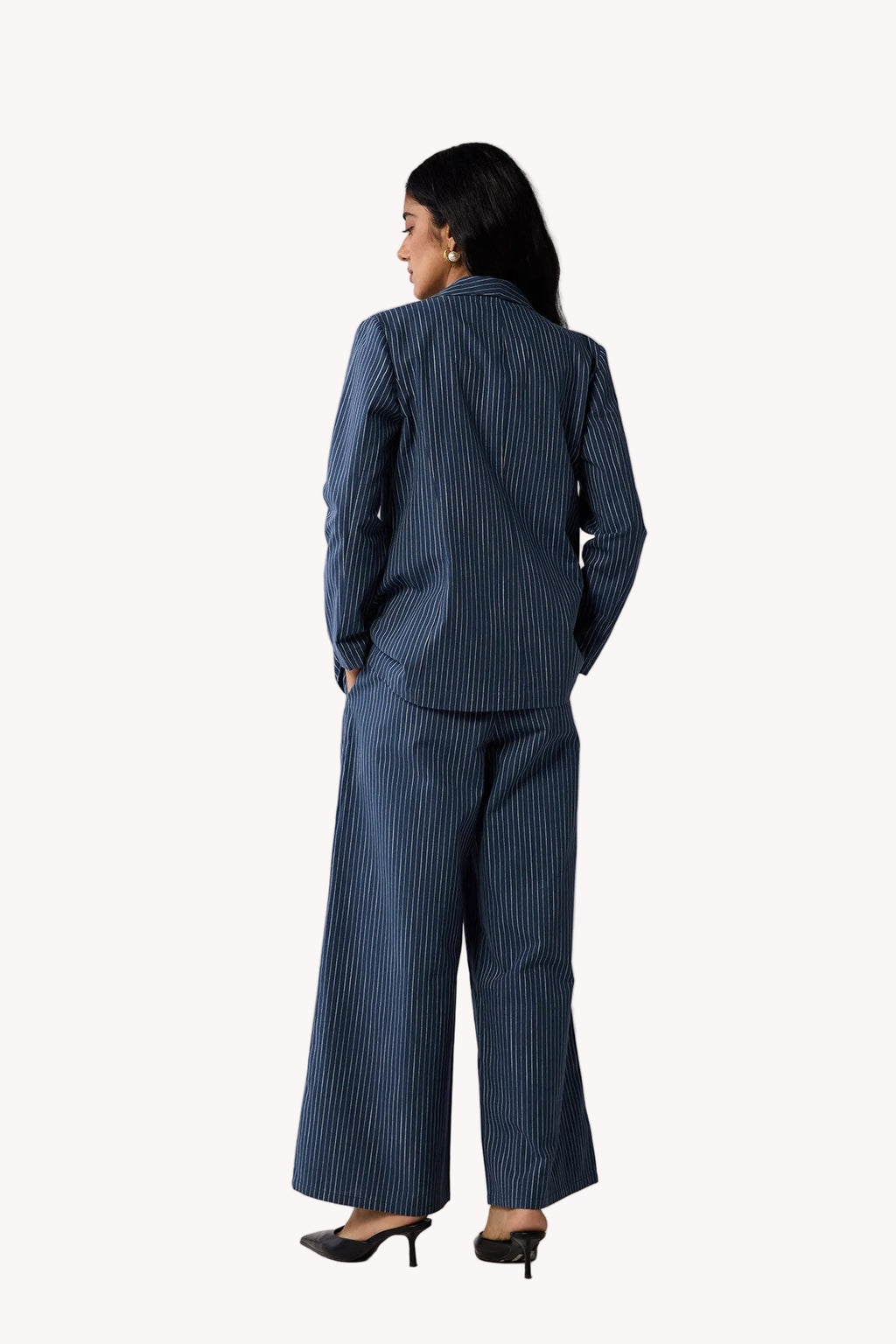 Wide-leg Drawstring Pants with Navy and White Stripes in Blue