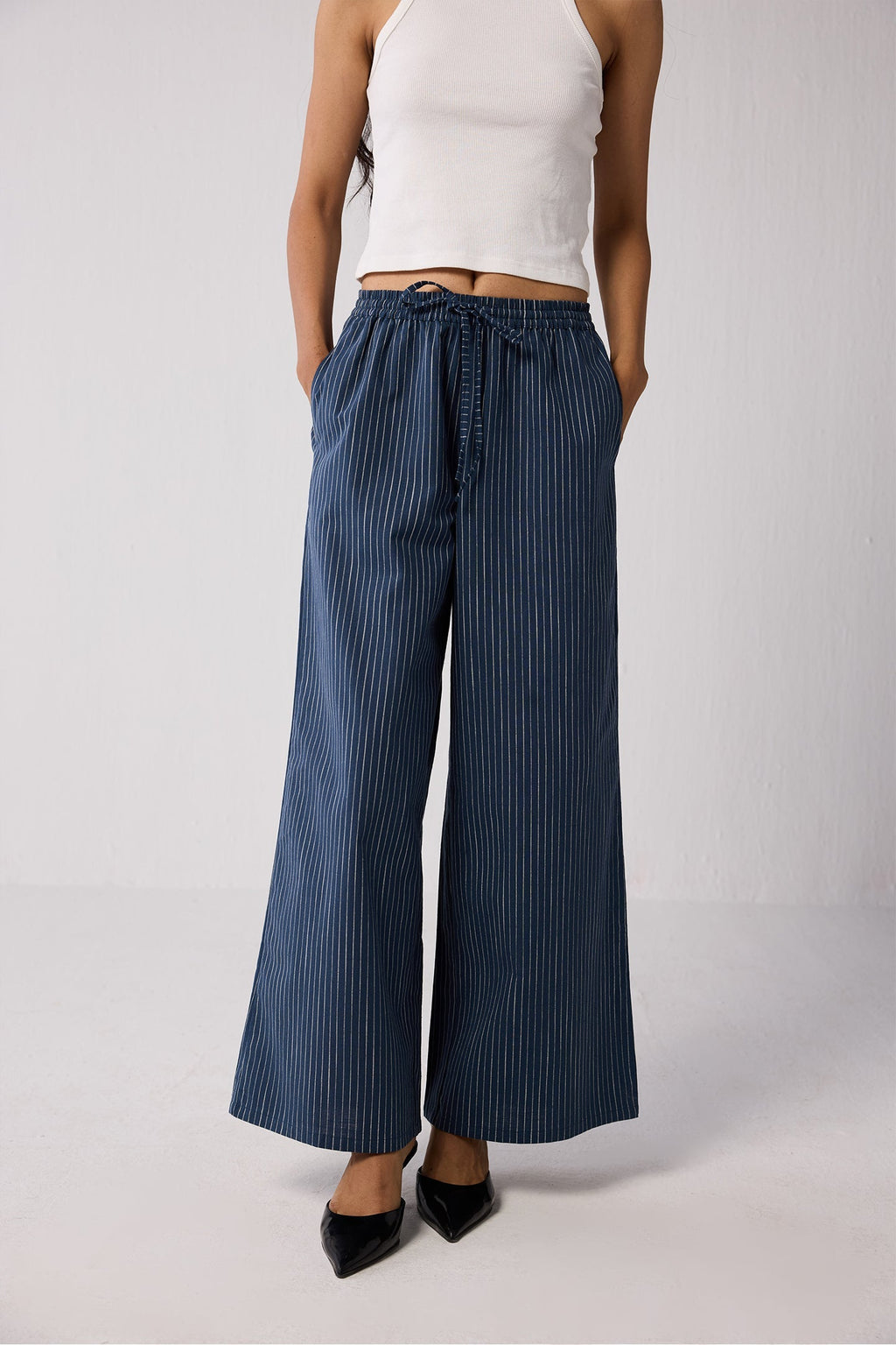 Wide-leg Drawstring Pants with Navy and White Stripes in Blue